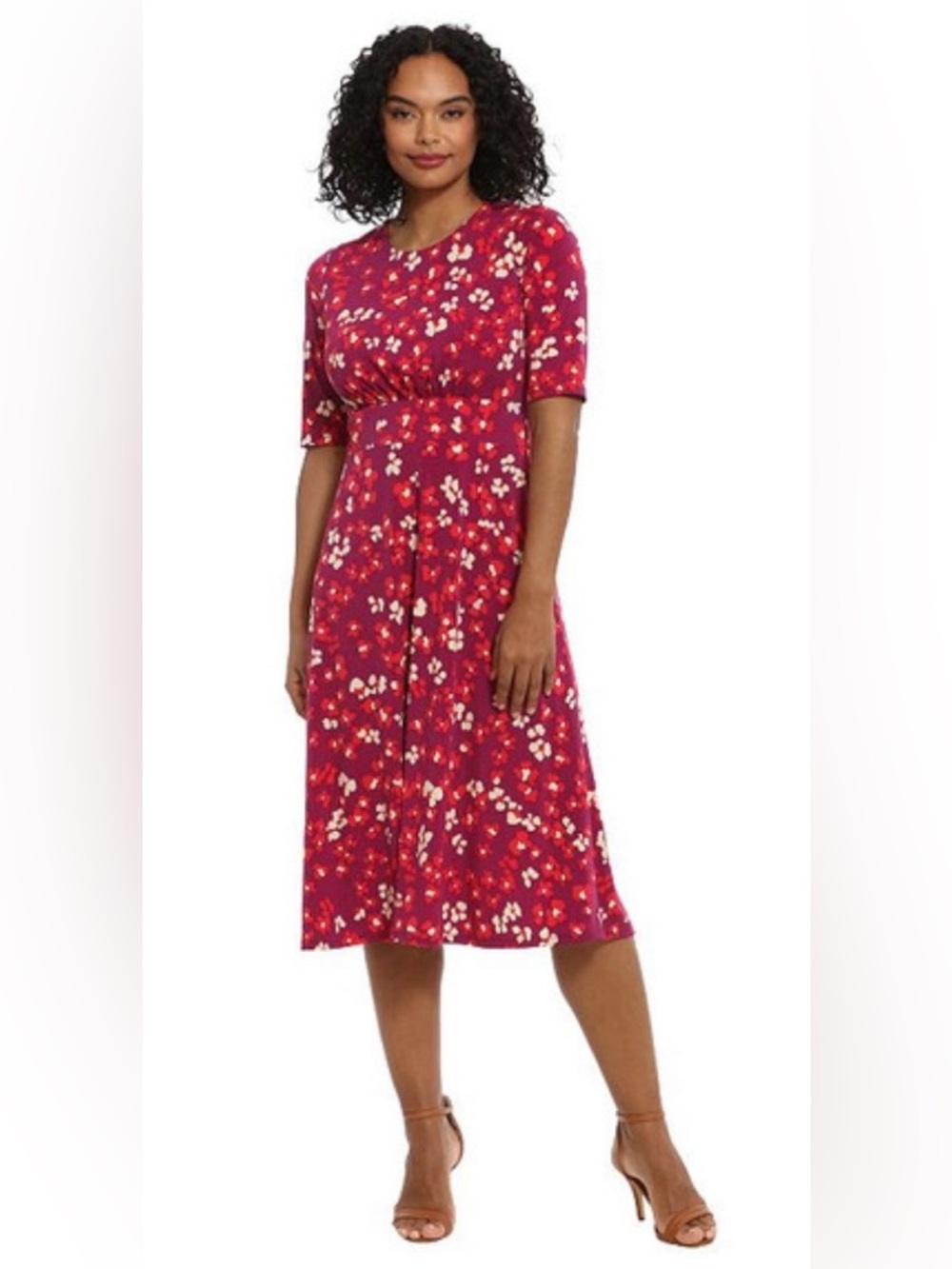 London Times NWT Inset Waist Berry  Coral Floral Midi Dress Size 8P
